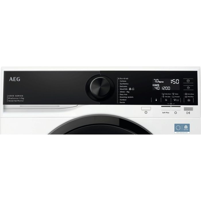 Черен панел за управление на слим пералня AEG L6SE27DE с въртящ селектор и LED дисплей