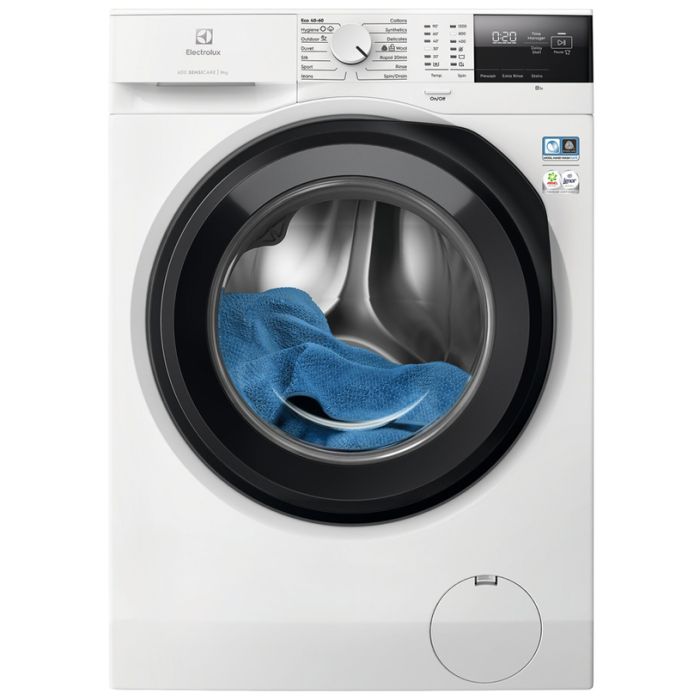 Бяла пералня Electrolux EW6F2292E с тъмносив люк и синя кърпа в барабана