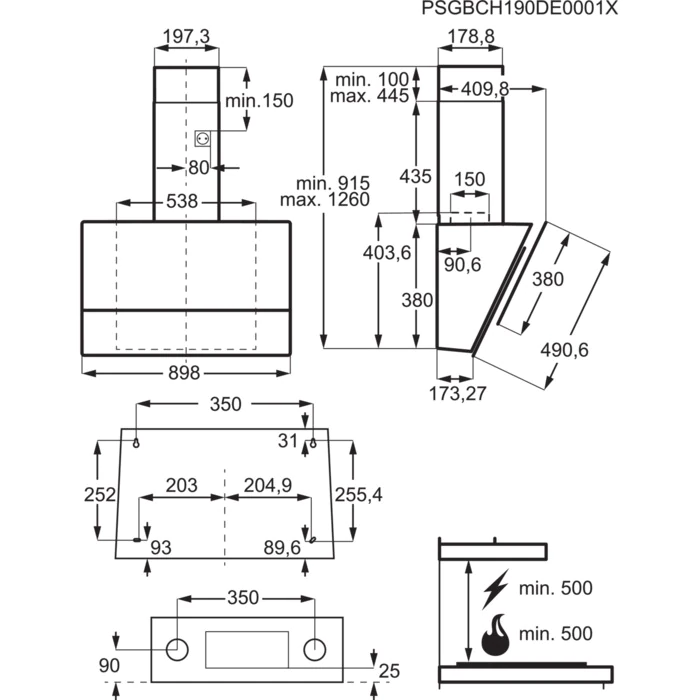 Монтажна схема на Electrolux LFV619R с размери, точки за закрепване и отстояния над плота