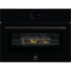 Преден изглед на черна фурна Electrolux LVL9E2XZ с включен дисплей и термосонда в съд с храна